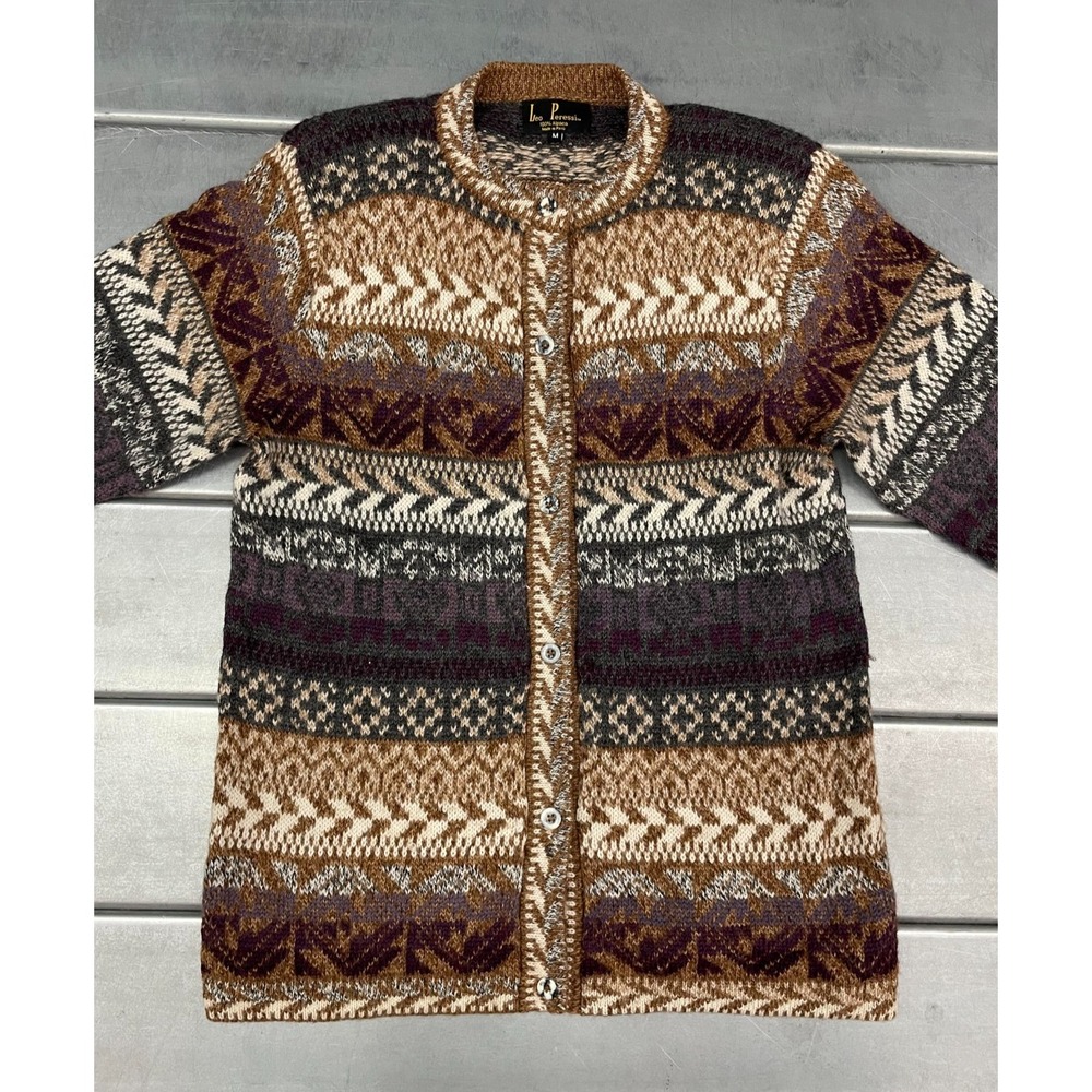 Leo Peressi Alpaca Cardigan Sweater Womens Medium‎ Brown Fair Isle Knit Button - Picture 2 of 9